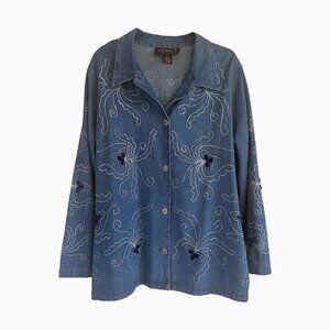Vintage Alex Kim Denim Shirt Sz 2X Long Sleeve Button-Down 3D Floral Embroidered